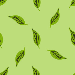 Seamless random pattern with green patel foliage silhouettes. Minimalistic style.