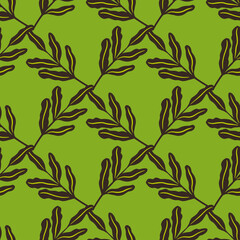 Simple seamless nature pattern with brown autumn leaf branches print. Green bright background.