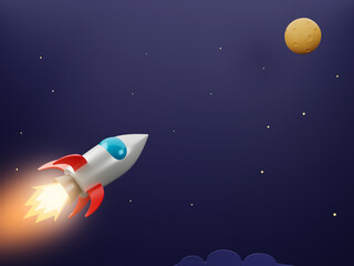 Fototapeta na wymiar Rocket flying in space with moon and stars - 3 D cartoon image