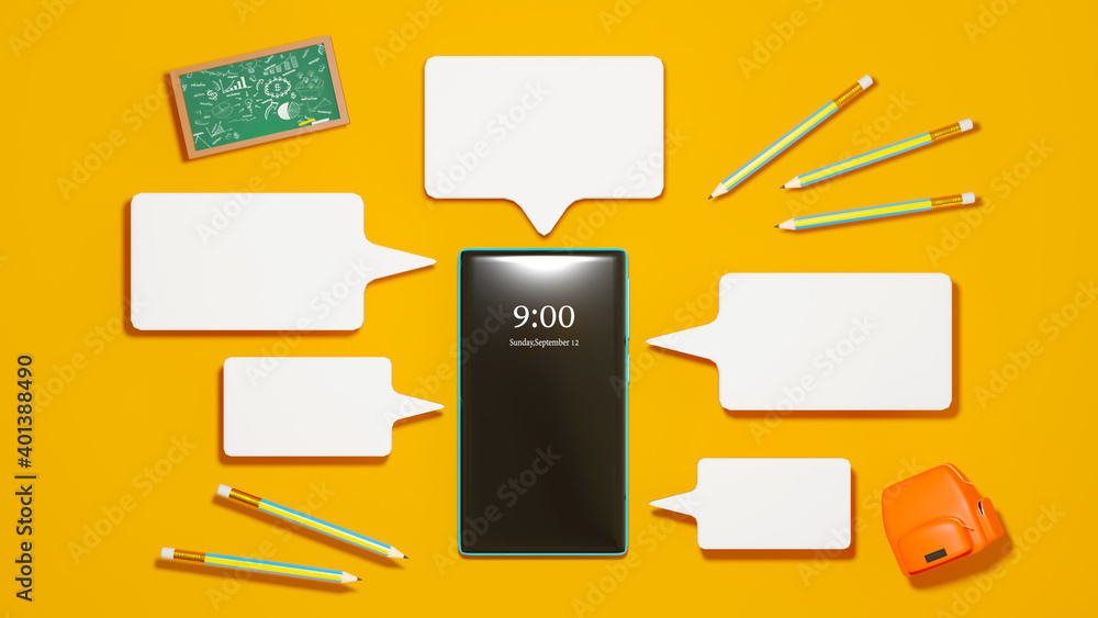Poster digital online education. 3d render of mobile. application learning on phone, mobile website backgro