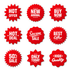 Realistic red price tags collection. Special offer or shopping discount label. Retail paper sticker. Promotional sale badge. Vector illustration.
