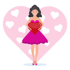 A girl in a pink dress holds a huge red heart in her hands
