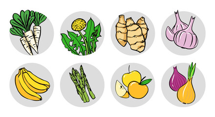 Set with products that contain prebiotics. Vector hand drawn illustration on white background.