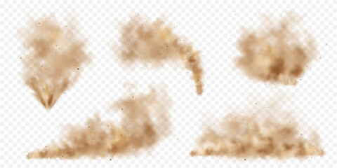 Realistic dust clouds. Road sand storm. Polluted dirty brown air with dirt particles, smog. Air, environmental pollution. Vector design element. - obrazy, fototapety, plakaty