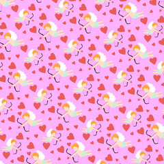 The seamless pattern  with cute cupid and red heart on pink background.