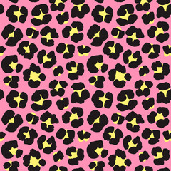 Leopard print seamless background pattern. Black, pink, yellow