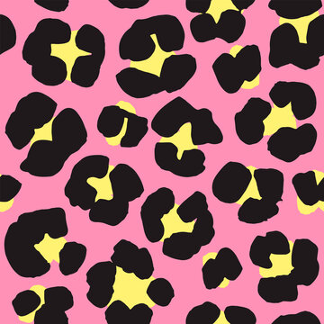 Leopard print seamless background pattern. Black, pink, yellow