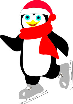 Cute cartoon penguin ice skating on white isolated background with red hat and red scarf. Vector illustration.