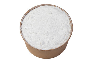 coconut flour in a wooden bowl isolated on white. Coconut flour is a healthy organic product. has a low glycemic index, does not contain gluten