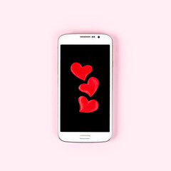 Mobile phone with black screen and red heart isolated on pink pastel background. Top view, flat lay, copy space. Valentines day, love, technology, online dating concept.