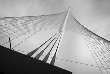 Black and white image of the Chords Bridge, or Bridge of Strings - light rail and pedestrian cable-stayed bridge at the entrance to Jerusalem, its shape inspired by the Harp of David