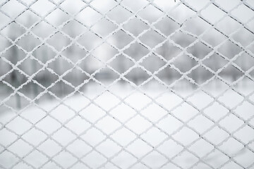 Snow-covered grid. The lattice fence is covered with fresh snow. Winter background texture. White background texture