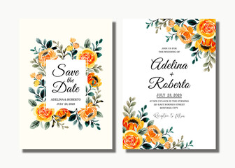Wedding invitation card with yellow gold floral watercolor. floral frame, greeting card, save the date