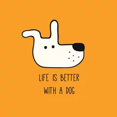  Leuke grappige hond, puppygezicht, citaat Het leven is beter met een hond. Hand getekend zwart-wit vectorillustratie, geïsoleerd op oranje. Lijn kunst. Huisdier logo, icoon. Ontwerpconcept poster, t-shirt, modeprint © Maria Skrigan