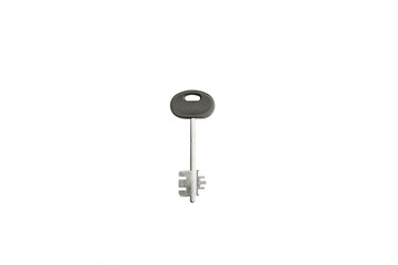 Metal key from the door of home on a white background isolate. Manufacturing of keys. house, apartment, building, design, project, moving, mortgage, rent and purchase real estate, booking. Copy space