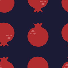Pomegranate seamless pattern. Exotic tropical red fruit, juicy garnet on blue background, vector cartoon minimalistic isolated texture, textile, wrapping paper, wallpaper and fabric