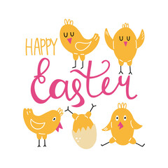 Happy Easter. Happy yellow baby chicken, doodle baby bird in egg, poultry farm cute creature cartoon minimalistic style post card with hand drawn calligraphy text, vector simple flat isolated poster