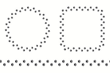 Dog, puppy paw prints round, square frame, with copy space, seamless border. Hand drawn black and white vector illustration, isolated. Line art. Design concept for pet poster, t-shirt, fashion print.