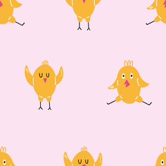 Chick seamless pattern. Happy yellow baby chicken, doodle colorful baby birds, poultry farm cute creature, cartoon minimalistic decor textile, wrapping paper wallpaper vector texture print and fabric