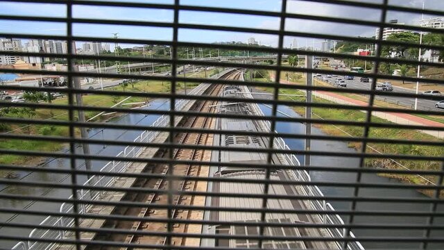 salvador, bahia, brazil - december 23, 2020: locomotive of the subway in the city of Salvador is seen passing on line two, in the Paralela region.