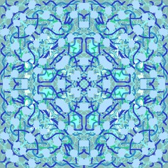 Pattern of blue abstract elements for a festive wrapping paper.