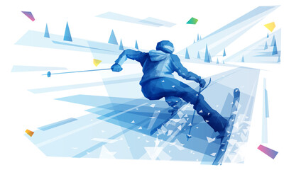 Female skier riding the slope at the hight speed in mountain landscape - obrazy, fototapety, plakaty