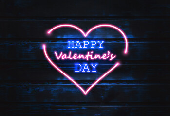 Happy Valentine's day concept.. Neon sign with glitter sparkles, wooden backbround. Love Day. Blurred background.