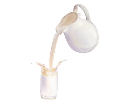 Pouring milk from a jug into a glass watercolor illustration isolated on white background