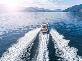 Aerial view of speed boat.