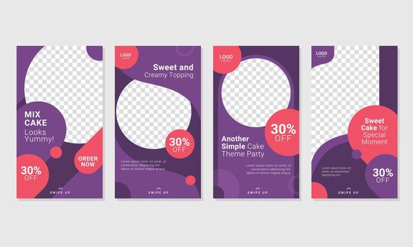 Set of sweet cake, candy, bakery, ice cream stories social media post template for cake shop promotion