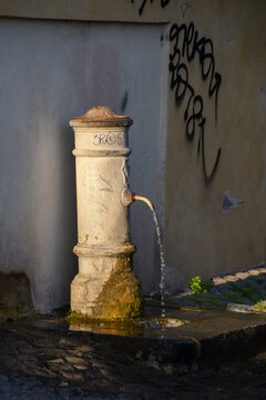 Drinking water fountain known as nasone (big nose) in Rome, Italy