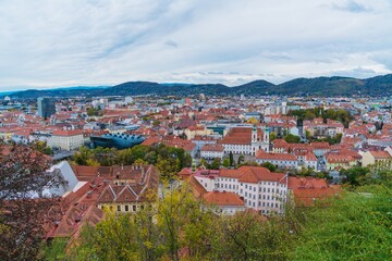 Fototapeta na wymiar Aerial panoramic view of city from Schlossberg, Graz, Austria