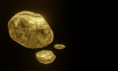 3D rendered pure gold nuggets on black background.