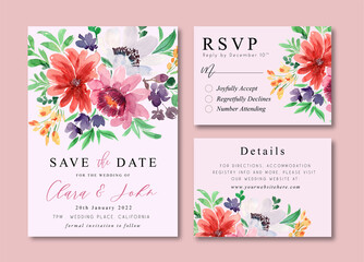 Wedding Invitation Cards with Peonies Watercolor Floral Bouquets