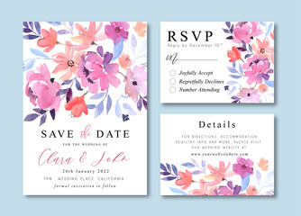 Wedding Invitation Cards with Warm Purple Peonies Watercolor Floral Bouquets