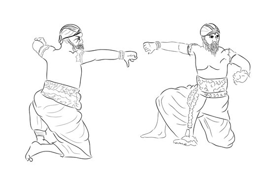 Simple Vector Hand Draw Sketch and Black Outline Reog Traditional Dance from Ponorogo East Java Indonesia, isolated on white