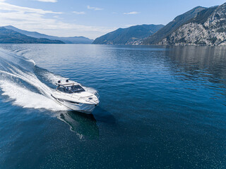 Aerial view of speed boat.