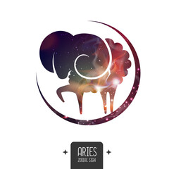 Modern magic witchcraft card with astrology Aries zodiac sign. Aries silhouette with outer space inside