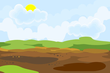 Abstract agriculture landscape with green and plowed field, blue sky and yellow sun