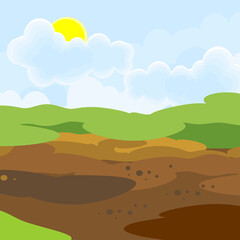 Abstract agriculture landscape with green and plowed field, blue sky and yellow sun