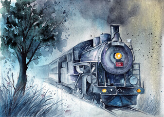 Watercolor illustration of a steam locomotive in gray-green colors, with grass and a tree on the left side  © Мария Тарасова