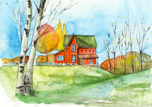 Watercolor illustration of an autumn landscape with a cozy village house, autumn trees and a lawn with several bushes

