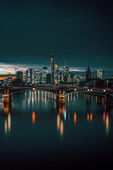 The Main with the Frankfurt skyline in the evening, at sunset. Nice overview of the city and its surroundings. in a special shade