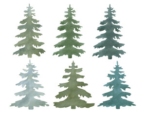 Obraz premium Watercolor green Christmas trees isolated on white background