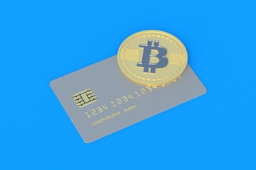 Credit card and coin of bitcoin on blue background. Anonymous, alternative payment currency. Cashing out virtual money. Untraceable international transfers. 3d rendering