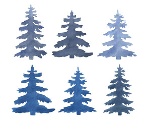 Watercolor blue Christmas trees isolated on white background