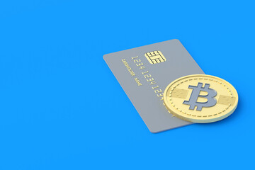 Credit card and coin of bitcoin on blue background. Anonymous, alternative payment currency. Cashing out virtual money. Untraceable international transfers. Copy space. 3d rendering