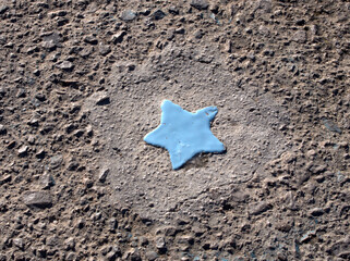 A blue star. In this case, placed on the ground as a mark to follow on a path