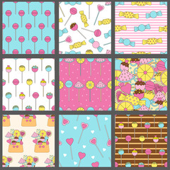 Candy seamless patterns. Lollipops backgrounds. Sweets. Colorful candies. Set.
