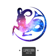 Modern magic witchcraft card with astrology Capricorn zodiac sign. Capricorn silhouette with outer space inside